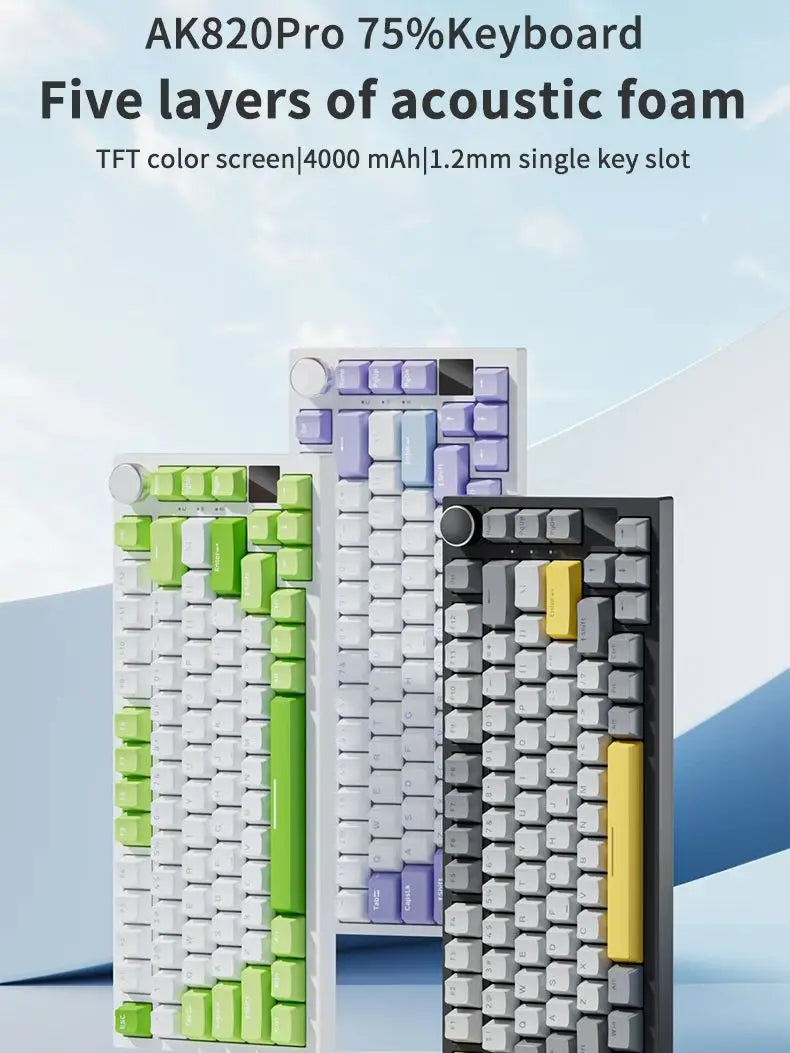 Ak820/Ak820Pro Mechanical Keyboard TFT Screen Multifunctional Knob Gaming Keyboard Wired/2.4Ghz/Bt Connect PC Keyboard